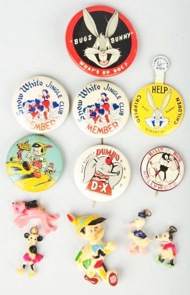 Lot of 12: Disney Pin Back Buttons.: Circa 1930s - 1950s. Pinocchio which has light foxing. Condition (Very Good). Size Largest: 1 - 1/2" Dia.