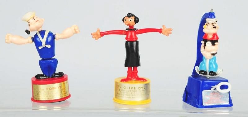 Lot of 3: Popeye & Olive Push Puppet Toys.: Circa 1950s - 1960s. Made by Kohner. Condition (Very Good). Size Largest: 4 - 1/4" T.
