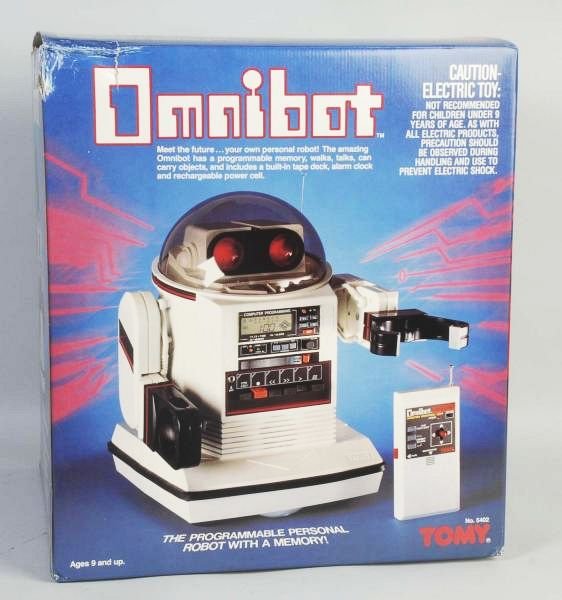 Large Tomy Contemporary Omnibot Robot Toy.: Includes original box and shipping box. Marked "1984 Tomy Corp." Battery operated. Looks to be unused. Condition (Near Mint). Size Box: 19" T.