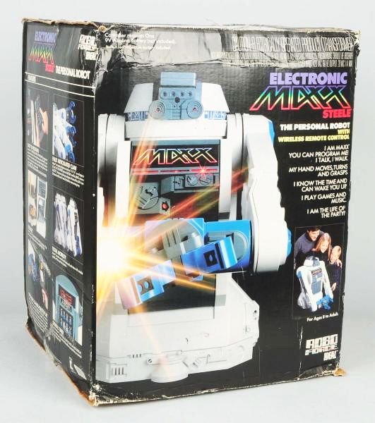 Large Ideal Robo Force Electronic Robot.: Includes original box with wireless remote control. Talks and walks. Marked "1984". Box is creasing and has some wear. Condition (Very Good). Size Box: 26 - 1/2" T.