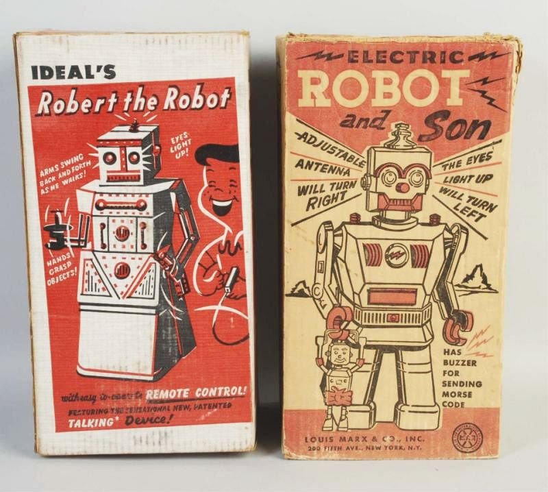 Lot of 2: American Made Plastic Robot Toys.: Both are battery operated. Includes one Ideal Robert the Robot and one Marx Robot and Son. The Robot and Son is missing the son. Box is pretty heavily torn and creased. Battery box closure does not wo