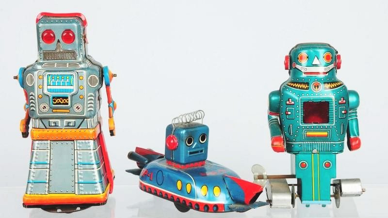 Lot of 3: Japanese Robot Toys.: Includes tin litho wind-up and friction robot toys. Includes an SP-1 vehicle, a Roller Robot, and a small robot with crank friction on back. Some scratching and wear. Condition (Very Good). Size Large
