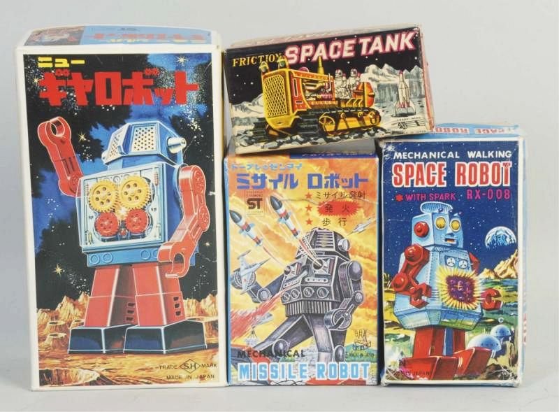 Lot of 4: Japanese Wind-up & Friction Space Toys.: All in original boxes. All marked "Japan". Includes a TPS Missle Robot, a friction Space Tank, a RX-008 Space Robot, and one with Japanese writing on the front. Boxes have some creasing and tearing. T