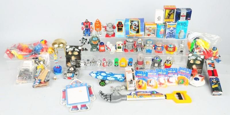 Large Lot of Robot & Space Toys.: Vintage and contemporary. Mostly foreign made: Japan, Taiwan, China. Some in boxes. Mostly plastic, but some are metal. Also includes some novelty items. Condition (Very Good). Size Largest Box: 11 - 