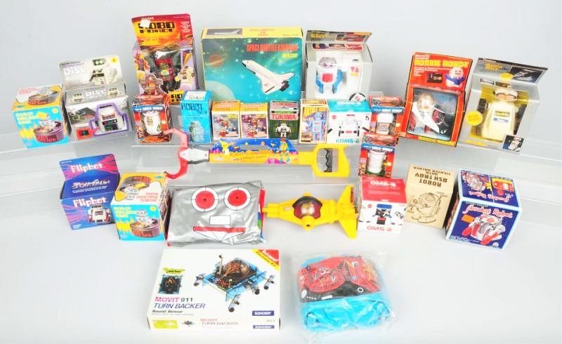 Large Lot of Robot & Space Toys.: Vintage and contemporary. Mostly smaller toys including space shuttle radio. A lot are marked "Made in Hong Kong". Some are Chinese. Includes one ideal Robo Force, a small robot machine bank, and othe