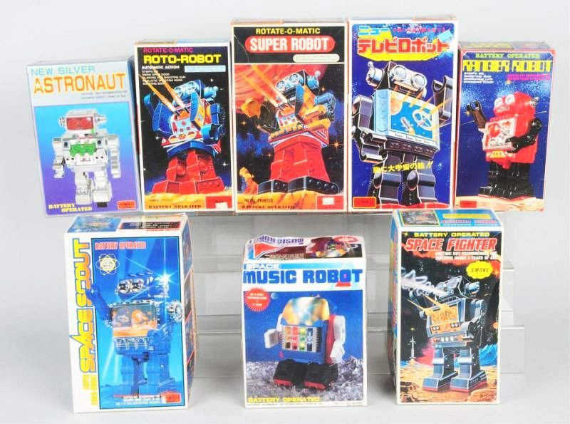 Lot of 8: Vintage & Contemporary Japanese Robots.: Battery operated. All original boxes. Includes a Space Scout, a Silver Astronaut, a Super Robot, and others. Some waviness and creasing to boxes. Condition (Excellent). Size Largest Box: 13" T.