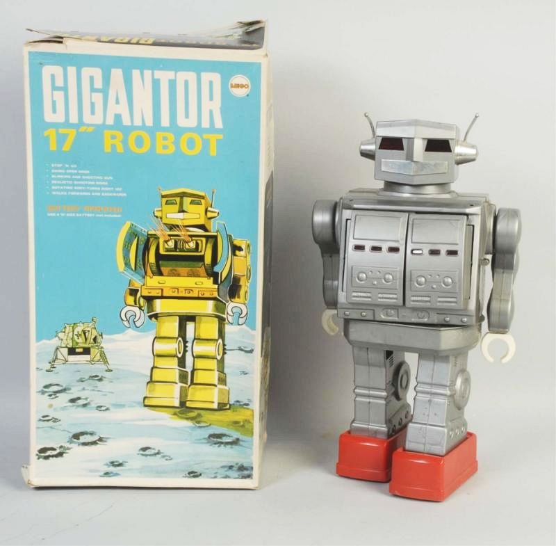 Mego Battery Operated Gigantor Toy Robot.: Includes original box. Box has some tearing and creasing. Dated 1970. Also marked "Hong Kong". Toy has cardboard and styrofoam inserts. Condition (Very Good). Size Box: 18" T.