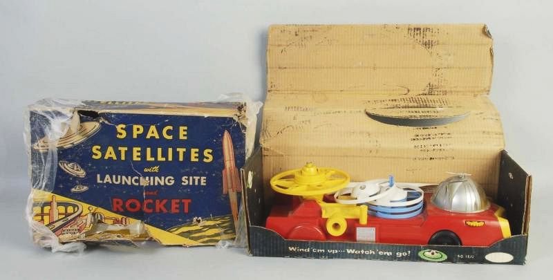 Lot of 2: American Made Vintage Space Toy Items.: Both in original boxes. Includes an Ideal Satellite Launcher, and a Marx Space Launching Site. Both boxes have some tearing and creasing especially Launching Site box. Launching Site has tin platform