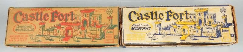 2 Castle Fort Toy Sets in Boxes.: Sets include a Midieval Castle Fort looks mostly complete. Other is a Prince Valliant Castle Fort. Also mostly complete. Does have most figures. Condition (Very Good - Excellent). Size Each Box: 27" x