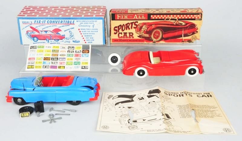 Lot of 2: Plastic Fix All Toys.: Includes an Ideal fix it convertible and a Marx fix all jaguar sports car. Both appear to be missing some pieces with original boxes. Boxes does have some creasing and ripping. Condition (Very Good).