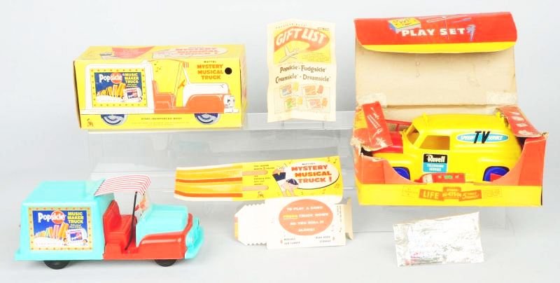 Lot of 2: Vintage Plastic Trucks.: Includes a Mattel Mystery Musical Popsicle Truck, also a Revel Young TV Serviceman Truck. Both trucks appear mostly complete with original boxes. Boxes does have some creasing and tearing. Condition (