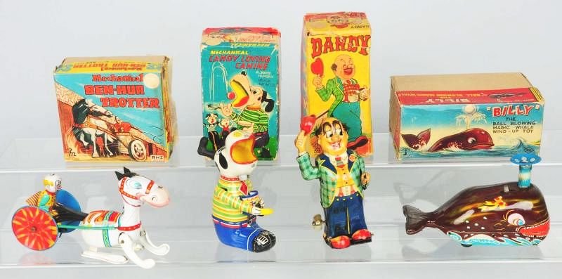Lot of 4: Japanese Tin Litho Wind-up Toys.: All include original boxes. Includes a Billy the whale, a Ben-hur trotter toy, a candy loving canine, and a dandy cane swinging man. Boxes all have some tearing and creasing. Condition (Very Good). Si