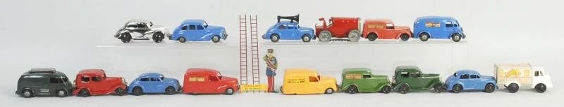 Lot of 16: Plastic & Tin Tri-Ang Minic Toy Cars.: Includes tractors, sedans, news trucks and others. Mostly original with slight wear. Condition (Very Good - Excellent). Size Largest: 4" L.