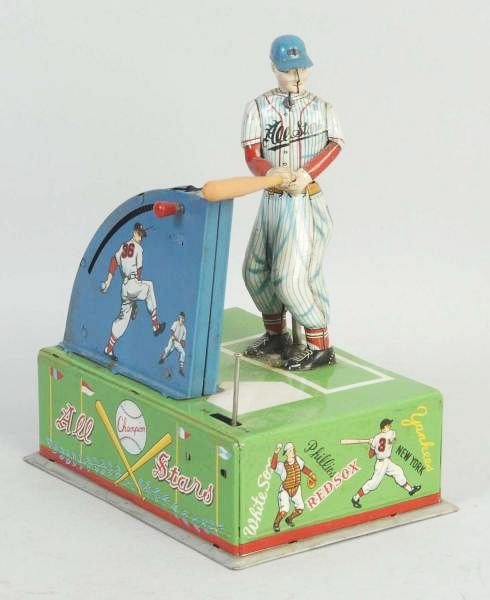 Japanese Tin Litho Allstars Baseball Toy.: Battery operated. Marked "Allstars" on batters' jersey. Has replacement bat and no longer has the balls. Team names in litho on all sides. Very little wear. Condition (Very Good). Size 8" T.