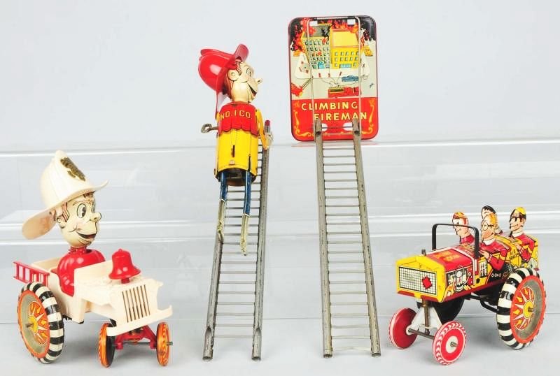 Lot of 3: Vintage Marx Tin & Plastic Toys.: Includes one climbing fireman, a fireman in car, and a tin litho college car with figures. Some scratching and wear to climbing fireman figure and to whoopee car wheels. Condition (Very Good - Excelle