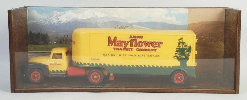 Unusual Plastic Mayflower Tractor Trailer Model.: Includes tractor trailer front and Mayflower back marked "Aero Mayflower Transit Co". Original back doors. Unmarked, but American. Someone has made a special shadow box for it and there is a label tha