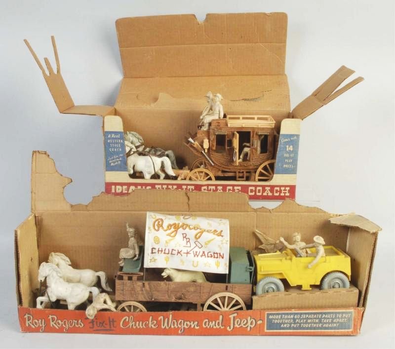 Lot of 2: Ideal Roy Rogers & Western People Sets.: Both have original boxes. Some creasing and tearing to boxes. One is a Fix It stage coach with figure and accessories. Second is a Roy Rogers Chuck Wagon and Jeep set. Both look mostly complete. Has s