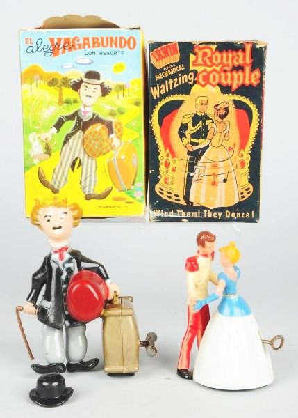 Lot of 2: Vintage Plastic Wind-up Toys.: Both in original boxes. One is an Irwin Waltzing Royal Couple with a very colorful original box. The second is a Spanish Vagabundo which looks very much like an early Charlie Chaplin along with cane a