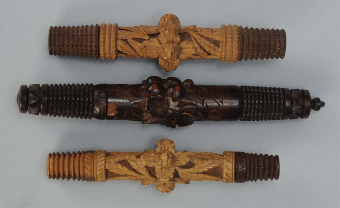 Lot of 3: Carved Figural Sewing Needle Cases.: Cases circa 1890 one with small chip at opening. Condition (Excellent). Size Largest: 5" L.