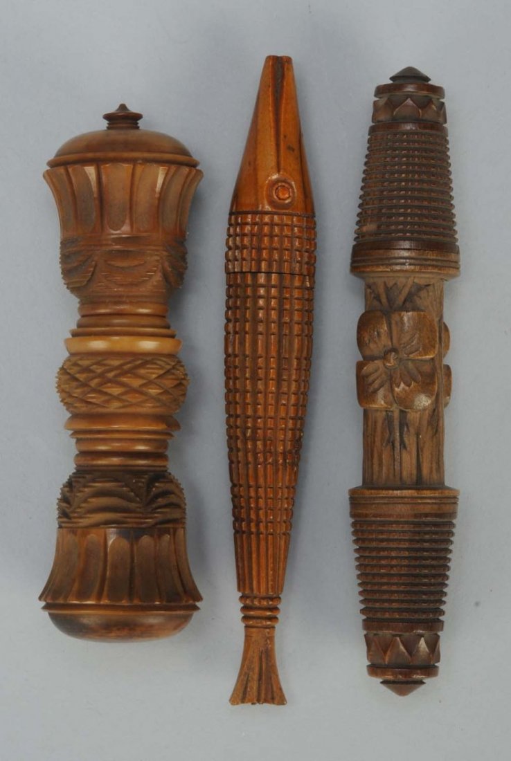 Lot of 3: Carved Wood Figural needle Cases.: One is a fish form with jeweled edge. Circa 1890. Second is carved flowers. Last is an acorn decoration. Condition (Excellent). Size Largest: 4 - 1/2" L.
