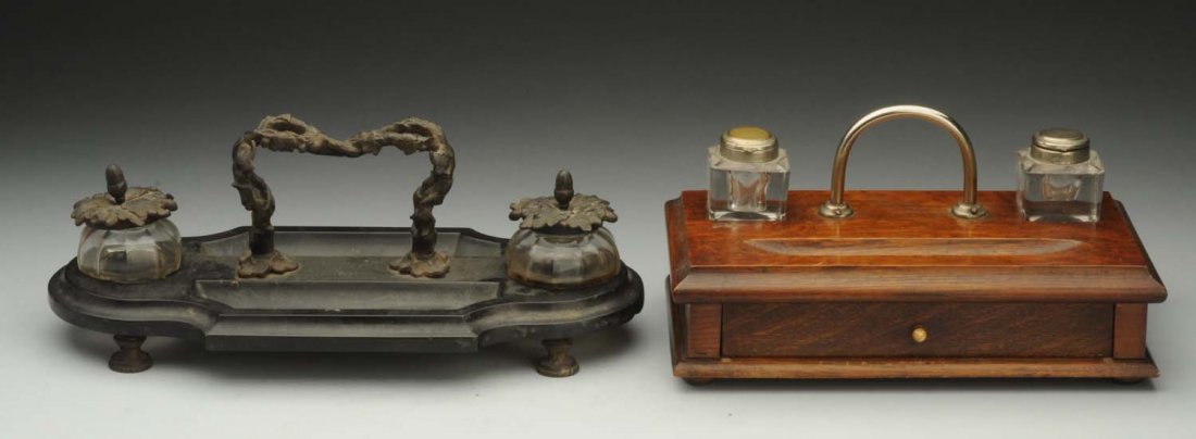 Lot of 2: Large Inkwells with Carriers.: One large wooden inkwell and one large metal with handler and two wells. Condition (Excellent). Size Largest: 14" L.