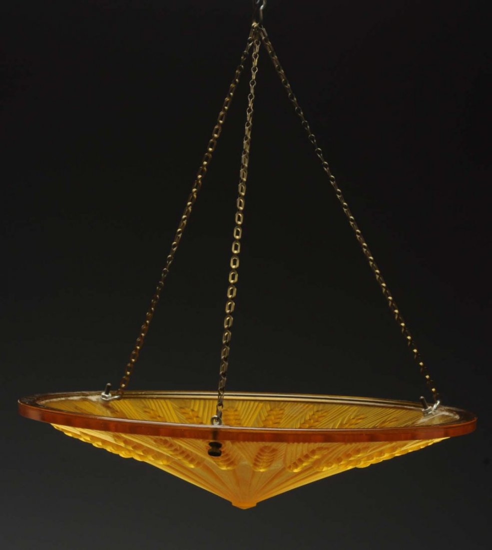Art Deco Frosted Light Fixture.: Amber glass or plafonnier Wheat pattern plalique. Size 14" Dia.