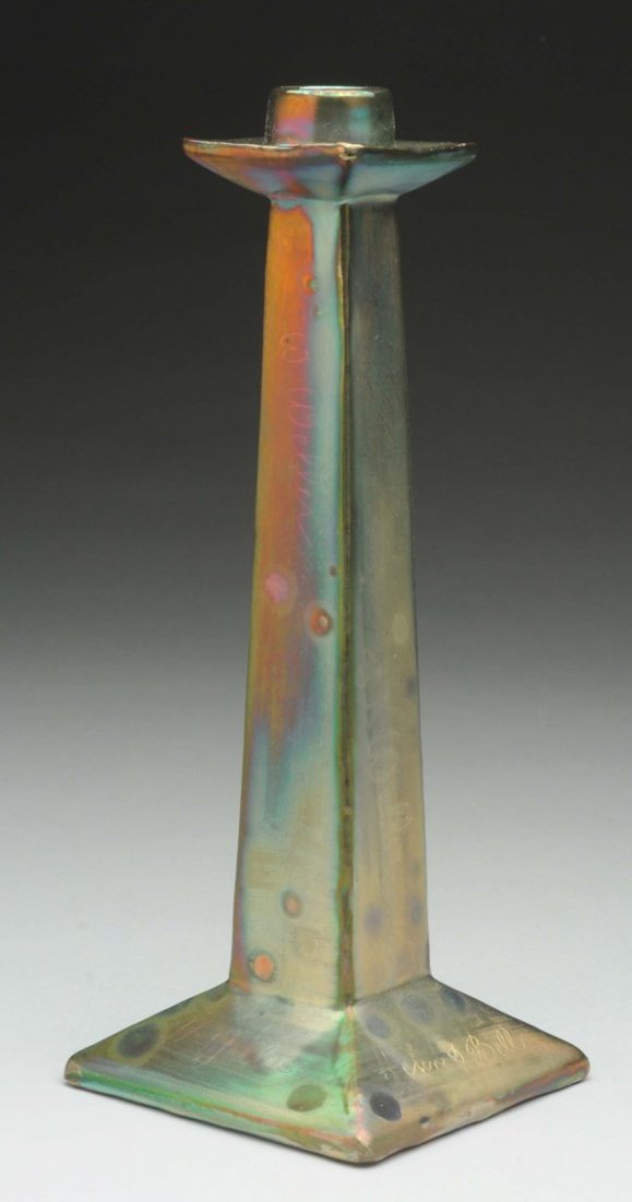 Weller Sicard Candlestick.: This was a presentation piece to Jacque Sicard when leaving Zanesville. Signed by "Sam Weller", "Burgess", "Pickens", "Leroy and W Weller", and other signatures. Dated July 1, 1907, Zanesville. Has sm