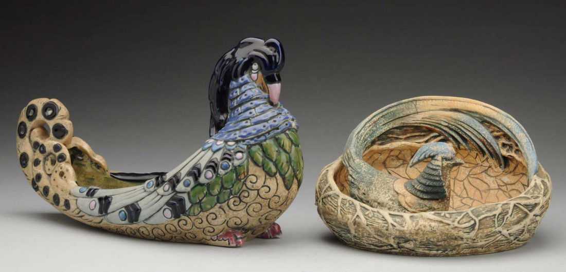 Lot of 2: Czech Amphora Bird Bowls.: Stylized pheasants. One round dish with feather swirling. Marked with the Amphora Czechoslovakia mark. The other unmarked. Circa 1915. Condition (Mint). Size 16 - 1/2" L.