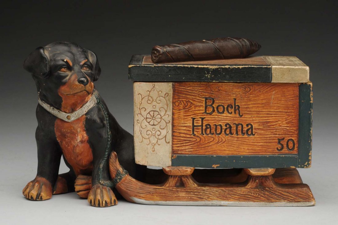 Dog Pulling Sled Tobacco Humidor.: Bock Havanna on box. No damage or repair. Condition (Excellent). Size 10" L.