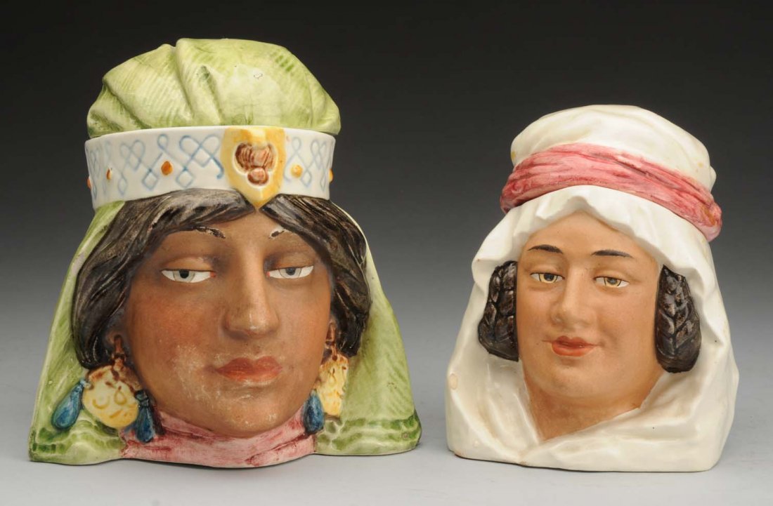 Lot of 2: Ceramic Tobacco Humidors.: Pharaoh clock in rear and Eastern man. Condition (Good - Excellent). Size Largest: 6 - 1/2" T.