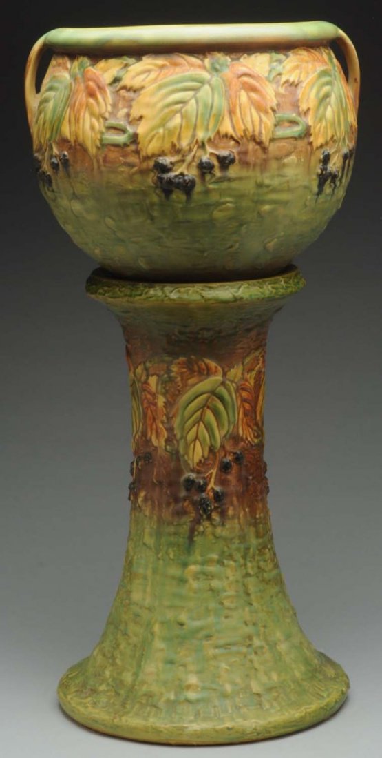 Roseville Blackberry Jardinier & Pedestal.: Shape No. 623 - 10. Excellent mold and color. Pedestal has had a restoration to the top. Pedestal (Good). Jardinier (Excellent). Size 28" T.