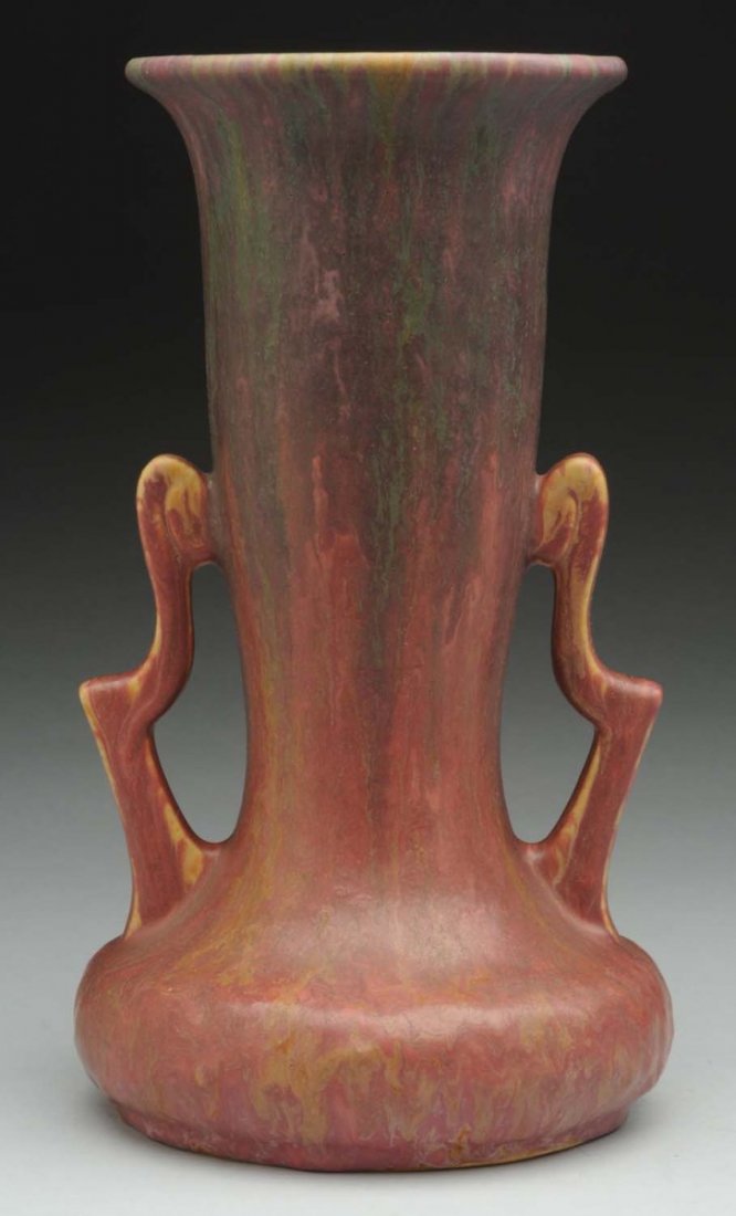 Roseville Carnelian II Arts & Crafts Vase.: Beautiful purple over raspberry red glaze with scrolled handles. Condition (Excellent). Size 10" T.