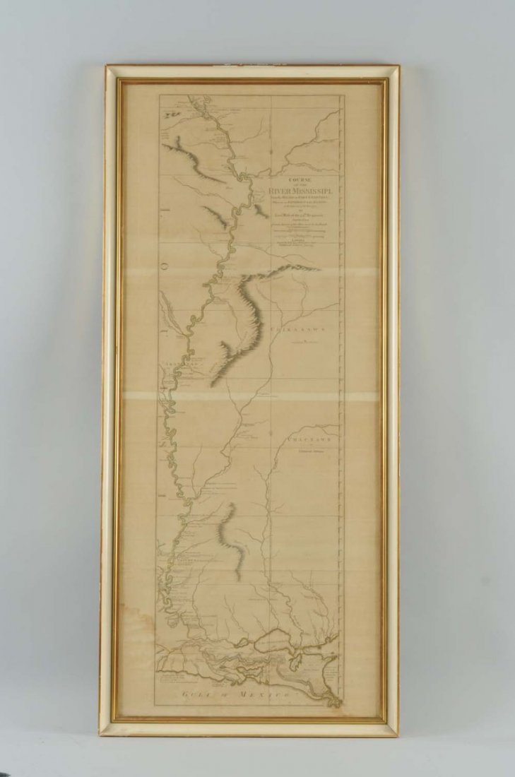Historical Map of Mississippi River.: From the Balise to Fort Chartres. Dated 1765. Minor folds and minor water stains at bottom left. Framed under glass. Condition (Excellent). Size Framed: 48 - 1/4" x 27 - 1/2".