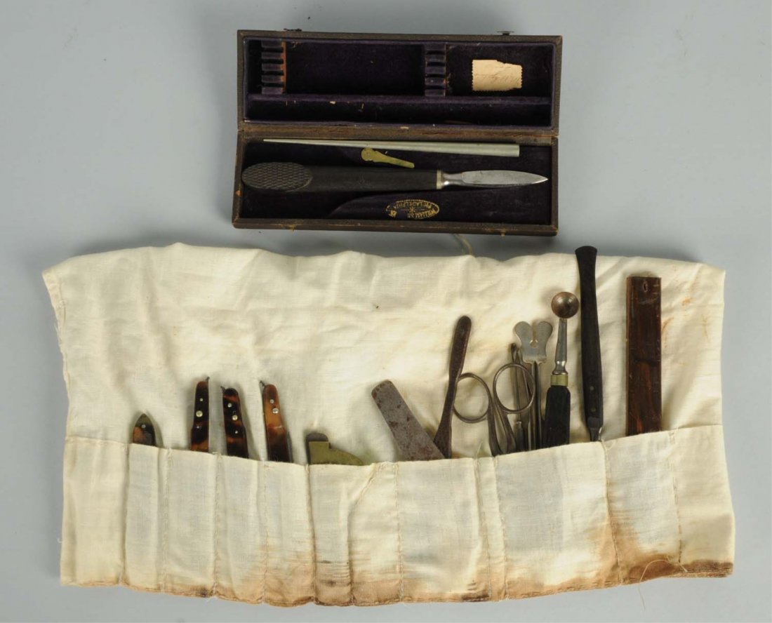 Civil War Surgical Knife & Other Items.: Ebony handle in box. 14 surgical Civil War tools and many other items. Condition (Excellent). Size Largest: 7" L.