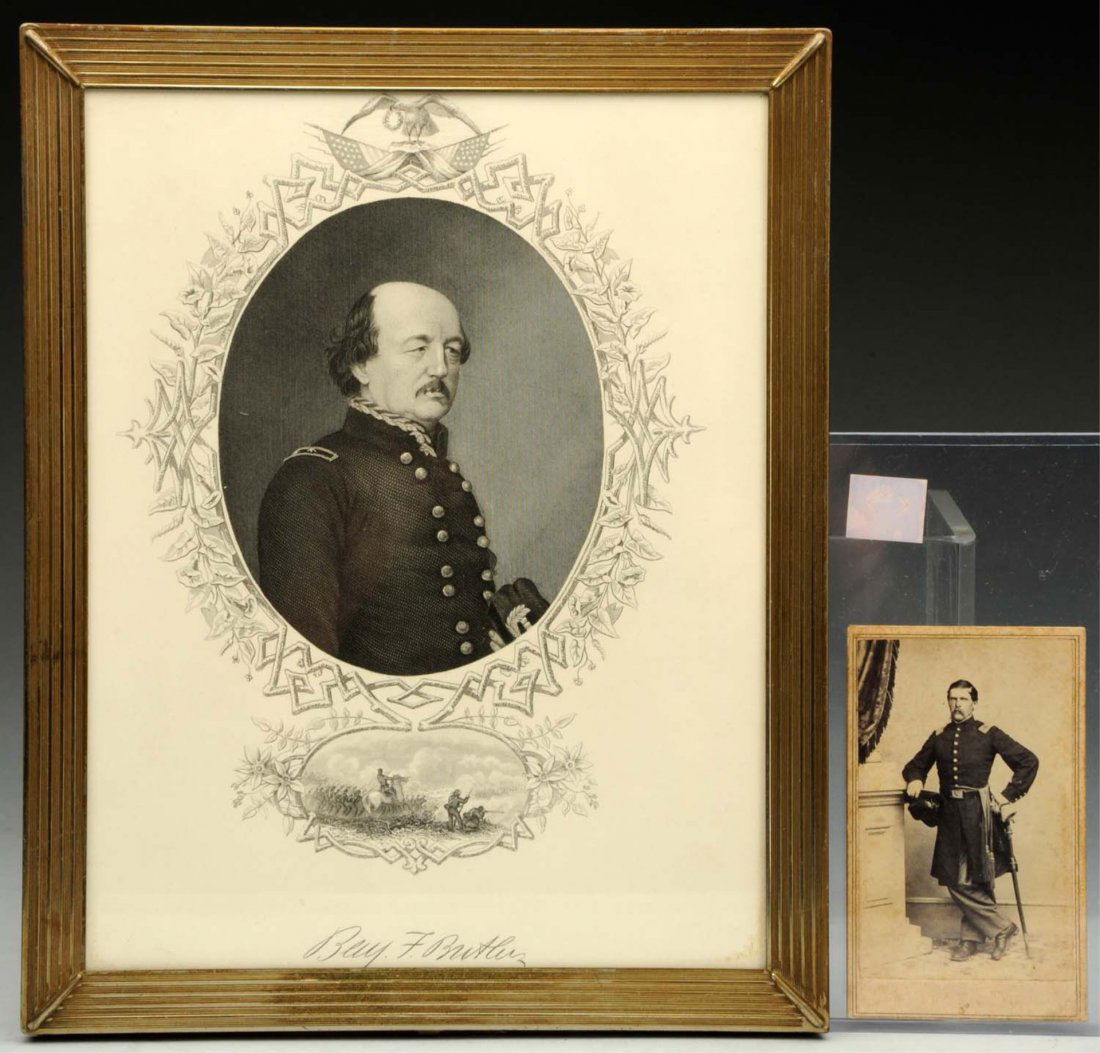 Lot of 2: Military Photographs - Civil War.: Includes one of Major-General Benjamin F Butler, framed under glass. Also includes one cabinet photo of soldier with sword. Condition (Excellent). Size Largest Framed: 10 - 1/4" x 8 - 1/4".