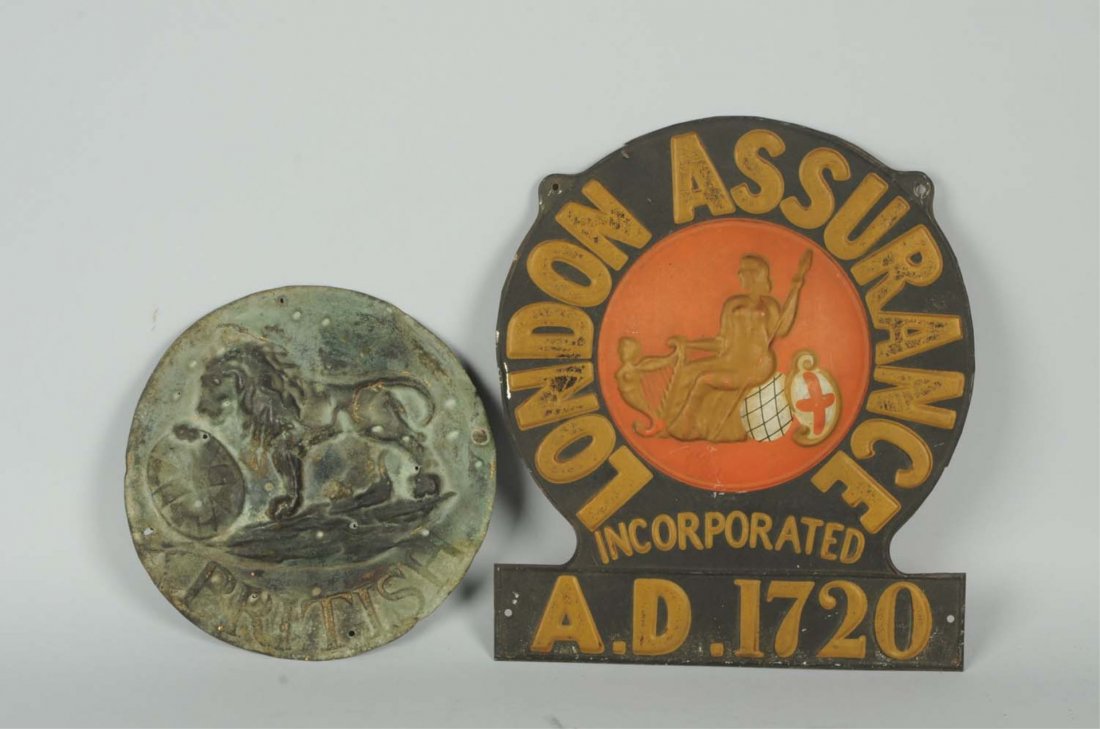 Lot of 2: British Fire Marks.: First is a British Fire Office Fire Mark - 1799-1843. The second is a tin fire mark from London Assurance, Incorporated AD 1720 Condition - British Fire Office is Good and London Assurance is Very Goo
