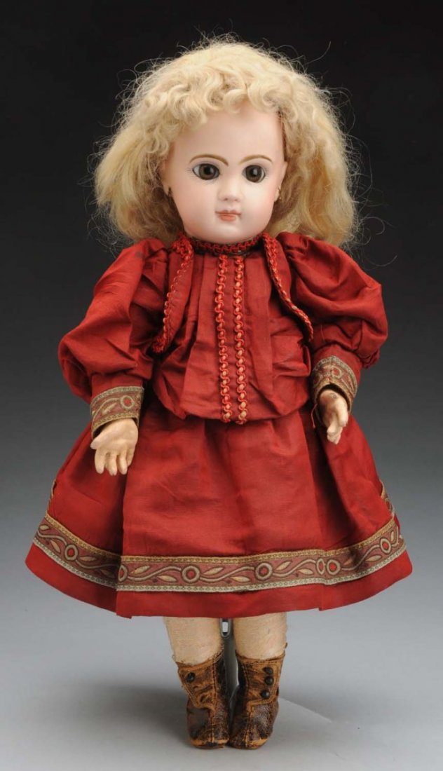 Dramatic Jumeau Bébé Doll.: French bisque socket head with red Jumeau stamp “Depose Tête Jumeau Bte SDGD 5” with Jumeau red and black check marks (some light speckling), multistroked eyebrows, brown paperweight eyes with am