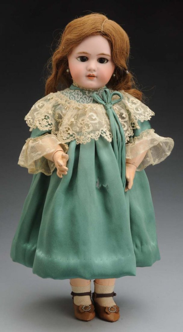 Sweet French DEP Bébé Doll.: Bisque socket head incised “DEP 8” with red “Tête Jumeau” stamp, molded multistroked eyebrows, lashed sleeping eyes, painted lower lashes, open mouth with teeth, pierced ears, original cork p
