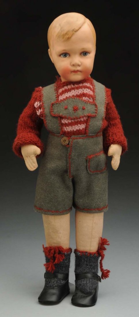 Unusual Child Doll.: Molded head of a plaster/ceramic type composition with molded hair, artistically blue/gray painted eyes with white dot highlights, rose eye shadow, black eyelash line, closed mouth and rosy cheeks; cl