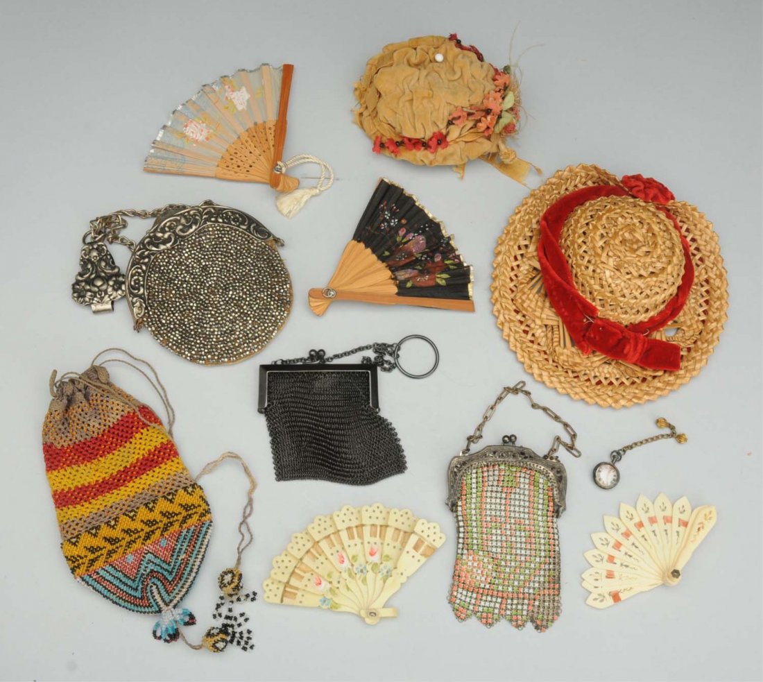 Lot of Antique Doll Accessories.: Watch on chain, straw doll hat with velvet trim, velvet doll hat for a fashion doll, beaded purse with waist clip, 2 small mesh handbags, beaded Indian-style bag, 2 wood and silk painted fans, 2 cellu