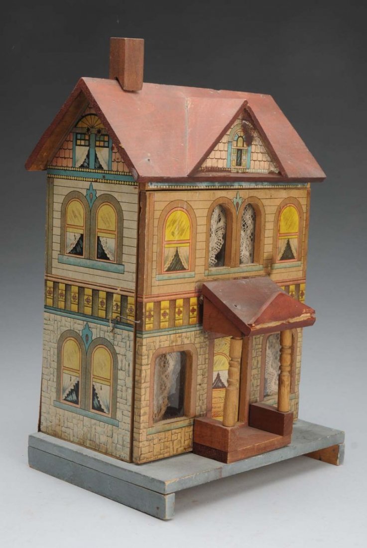 Antique Bliss House.: Wood covered with lithographed paper, signed R. Bliss on door, isinglass windows with original lace curtains; front opens to reveal 2 rooms inside with original wall paper (some soil and wear, cardboa