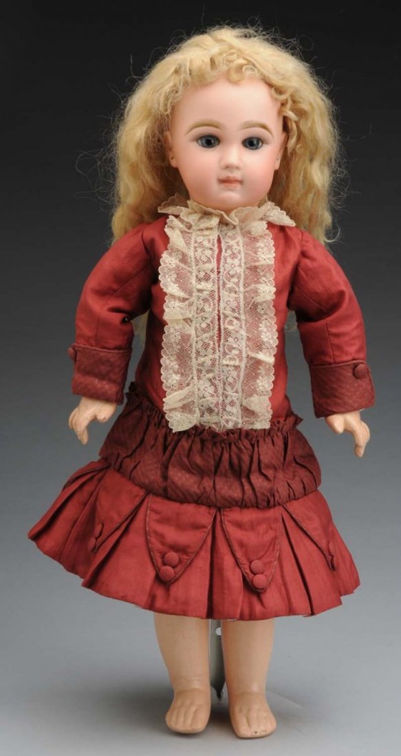 Exquisite Jumeau Bébé Doll.: French bisque socket head stamped “Depose Tete Jumeau Bte SGDG 8” with red Jumeau checkmarks (small factory made filled-in circle in back, not a damage) with multistroked eyebrows, blue paperweigh
