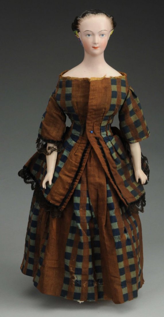 Exquisite China Lady Doll.: Pink tint shoulder head (light speckling) with “swan neck” attributed to Schlaggenwald, called “Morning Glory” lady, dark molded and painted hair with brush strokes around the face, braided ch