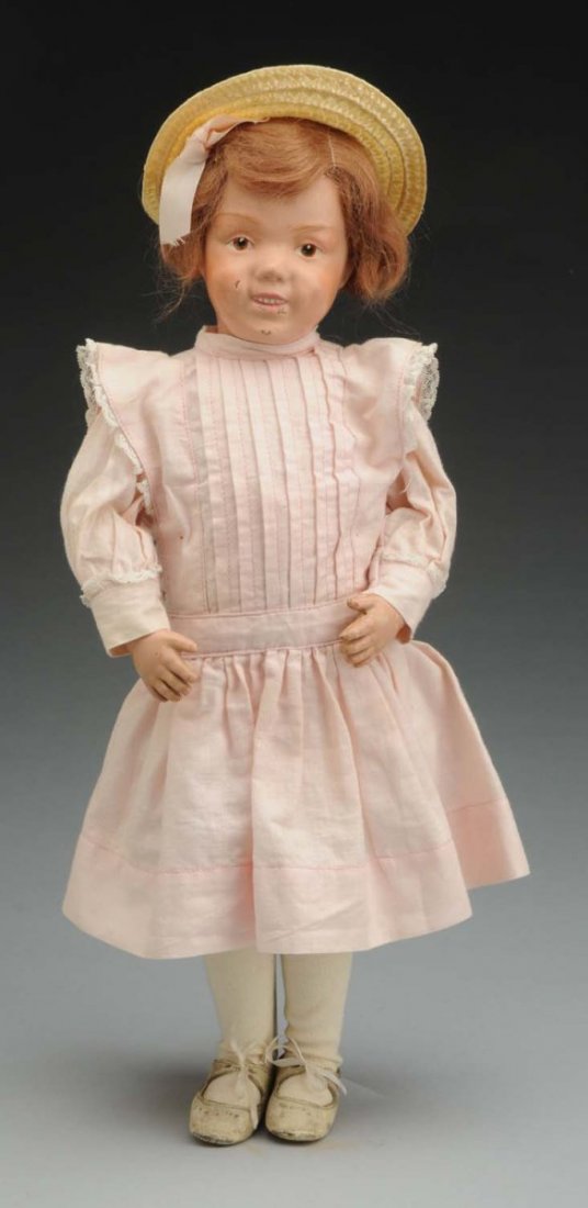 Smiling Schoenhut Character Doll.: All wood with incised mark, original face paint (nose touch-up, paint loss on cheeks, chin and under mouth), replaced mohair wig, intaglio eyes, open/closed mouth with teeth; body with spring joints (