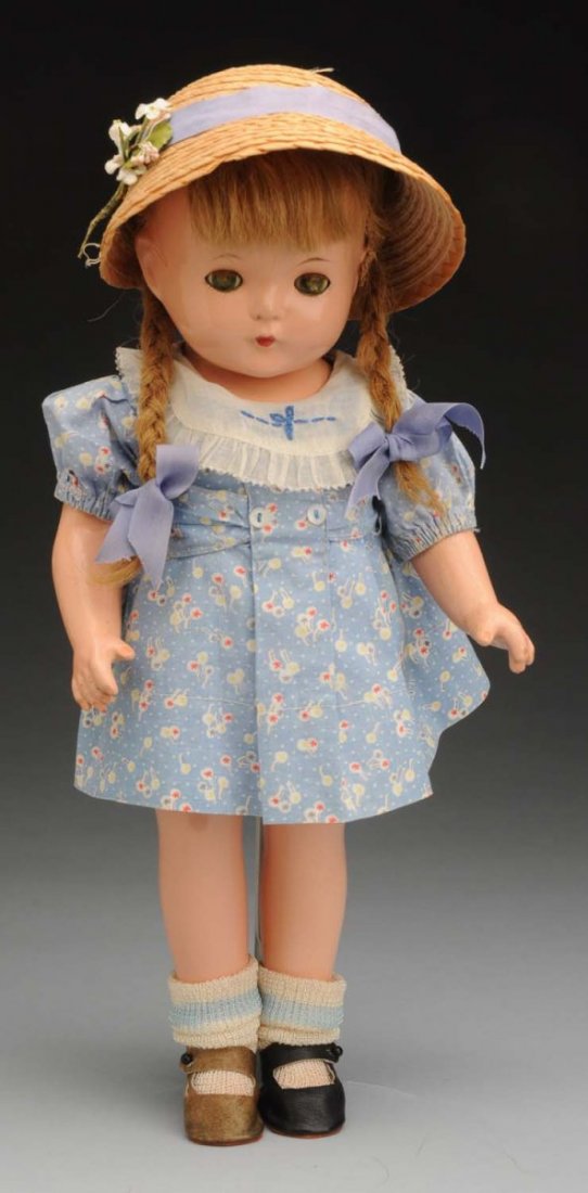 Pert Effanbee “Patricia” Doll.: All composition with original blonde human hair braids, lashed sleeping eyes (crackled), closed mouth (a few faint craze lines on face, crazing on arms and wear on fingers); factory original cotton pr