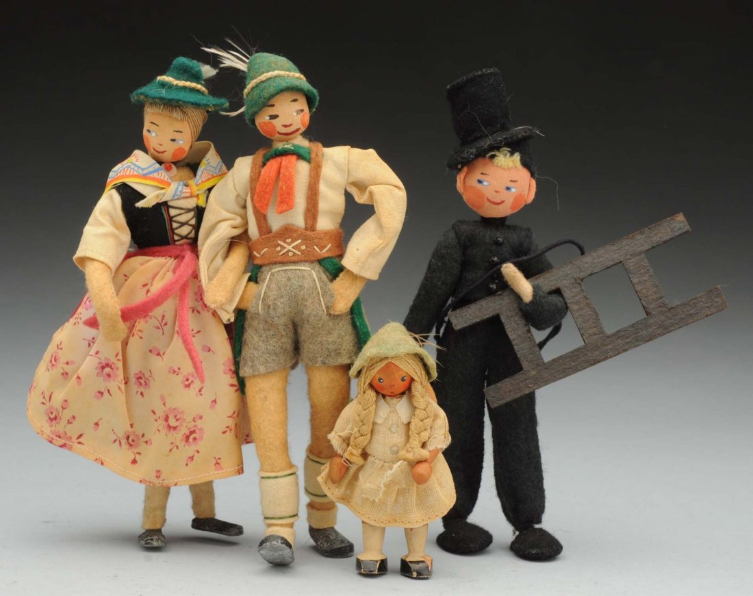 Lot of German Character Dolls.: Baps boy and girl in festival costumes, cloth faces with yarn hair, felt covered wire armature body, metal feet; Baps chimney sweep; jointed wood girl with yarn braids. Fun little lot! Condition (Exce