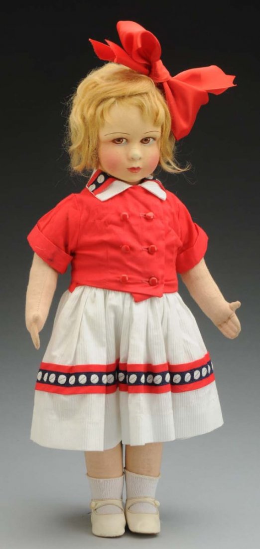 Sweet All Cloth Doll.: French girl possibly Raynal or Venus with molded felt head with detailed painted eyes, original blonde mohair wig; cloth body with swivel joints; cotton dress, jacket, shoes and socks, added hair bow;