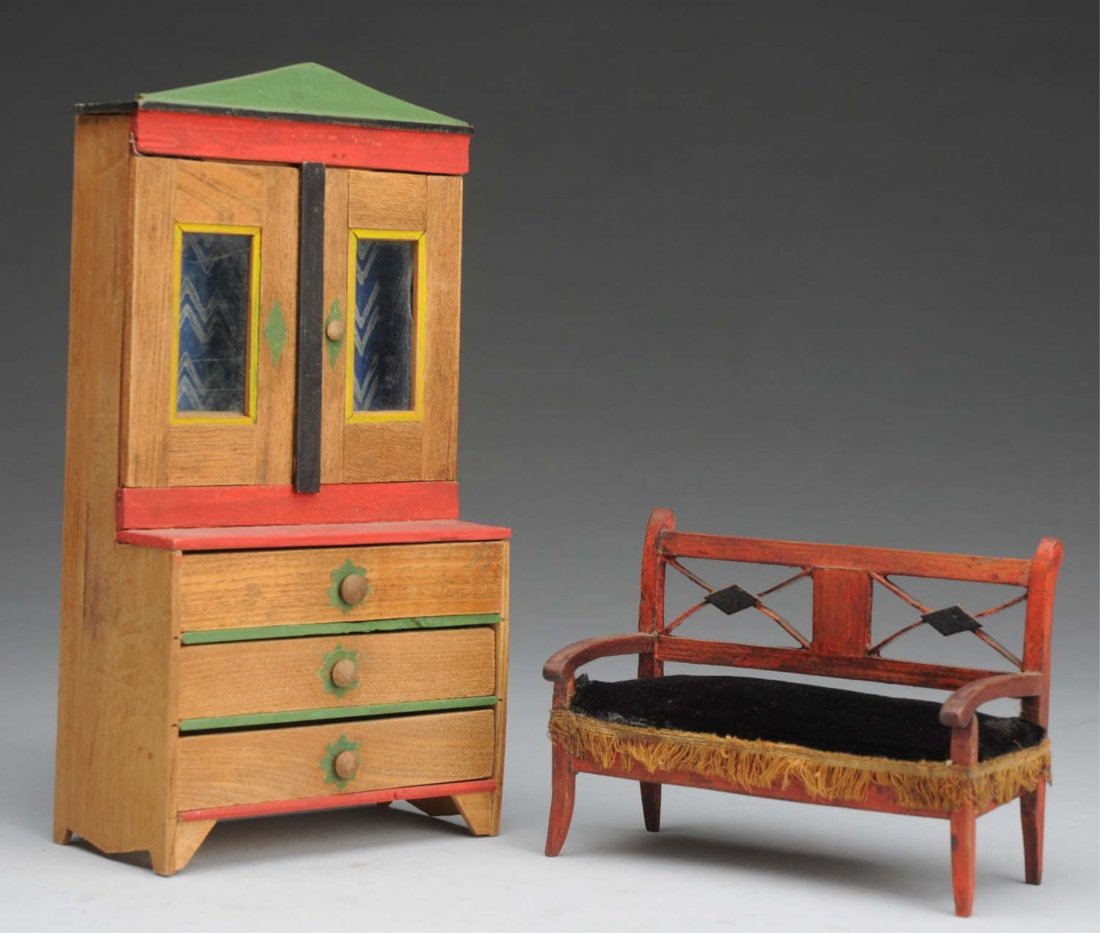 Lot of 2: Doll House Furniture.: Very rare antique items probably Saxony region of Germany Ca. 1830-1840. Thin wood cupboard with glass upper doors and lower drawers trimmed with original red and green paint; red painted settee with 