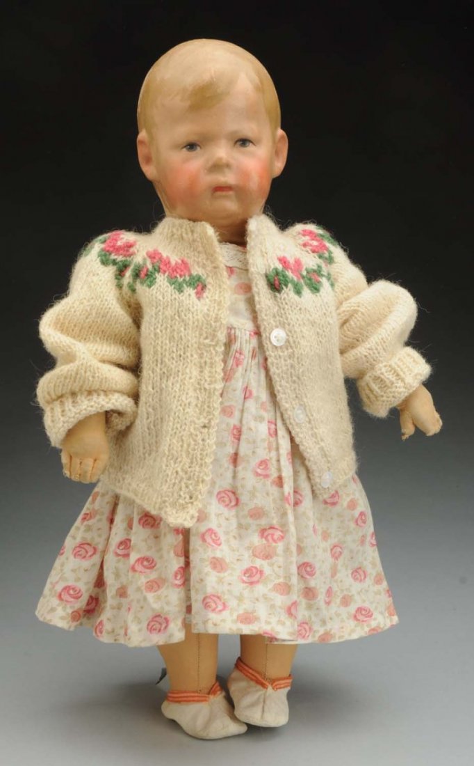 Sweet Kathe Kruse Doll I.: All cloth Doll I with painted hair and features (quite a bit of hair loss on back of head, cheek rub, lip color loss); cloth body with wide swivel hips and tabbed shoulders, applied thumbs (finger wea
