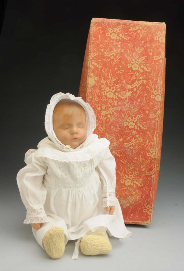 Wonderful Kathe Kruse “Traumerchen” Doll.: Weighted so-called “Sand Baby” with molded magnesit head and closed eyes, painted lashes (a few face scuffs, light soil, nose rub), painted hair; stockinette body with belly button and floppy legs